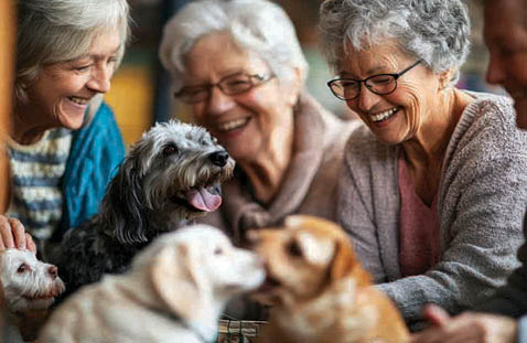 A group of elderly people are sitting around a table, smiling and enjoying their time together. They are holding green objects in their hands, possibly flowers or plants. The room is decorated with potted plants and vases, creating a pleasant atmosphere for the group. AI generated content