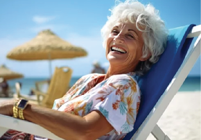 A woman is sitting in a beach chair, smiling and wearing a floral shirt. AI generated content
