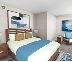 A bedroom with a bed, a chair, and a lamp. The bed has a blue and yellow blanket. AI generated content