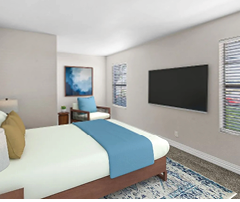 A bedroom with a bed, a chair, a TV, and a window. The bed has a blue blanket and a white pillow. AI generated content
