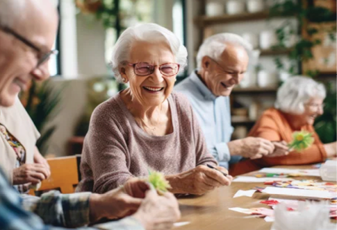 A group of elderly people are sitting around a table, smiling and enjoying their time together. They are holding green objects in their hands, possibly flowers or plants. The room is decorated with potted plants and vases, creating a pleasant atmosphere for the group. AI generated content